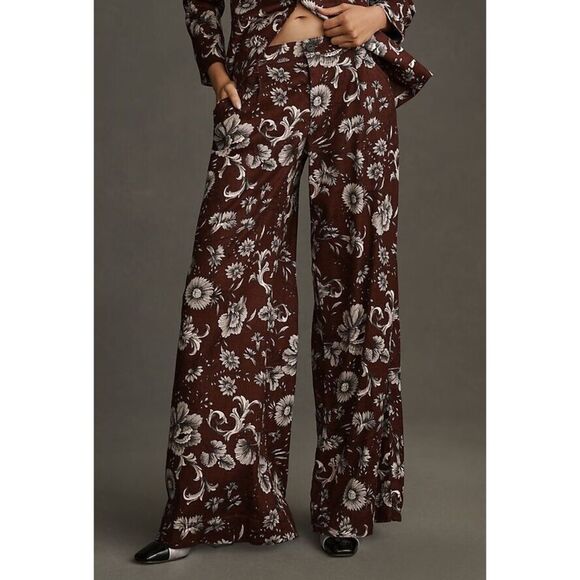 Anthropologie Linen Blend Mid Rise Wide Leg Pants Size 2 Floral Print - Picture 2 of 16